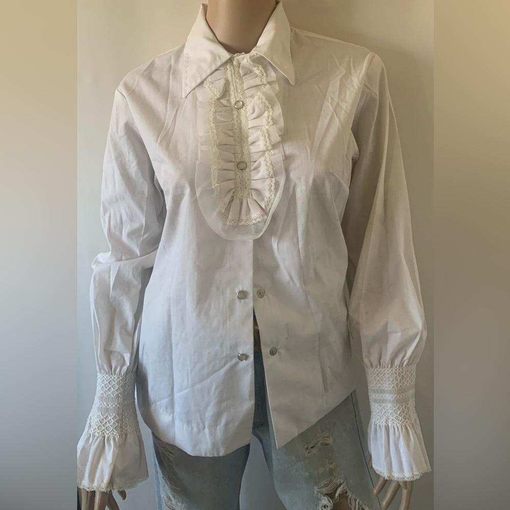 Vintage 60s 70s H Bar C white cotton snap button down w/ ruffle collar